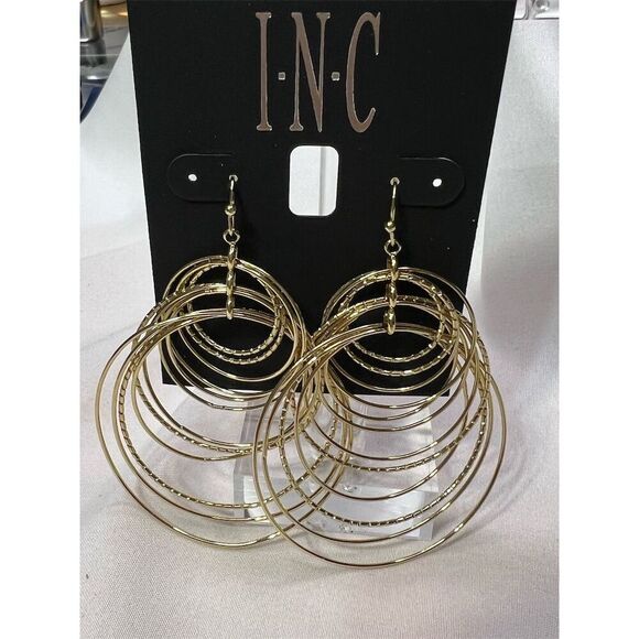 INC Gold Tone Dangle Circle Fish Hook Earrings Nickel-Free Sparkley - Picture 1 of 6